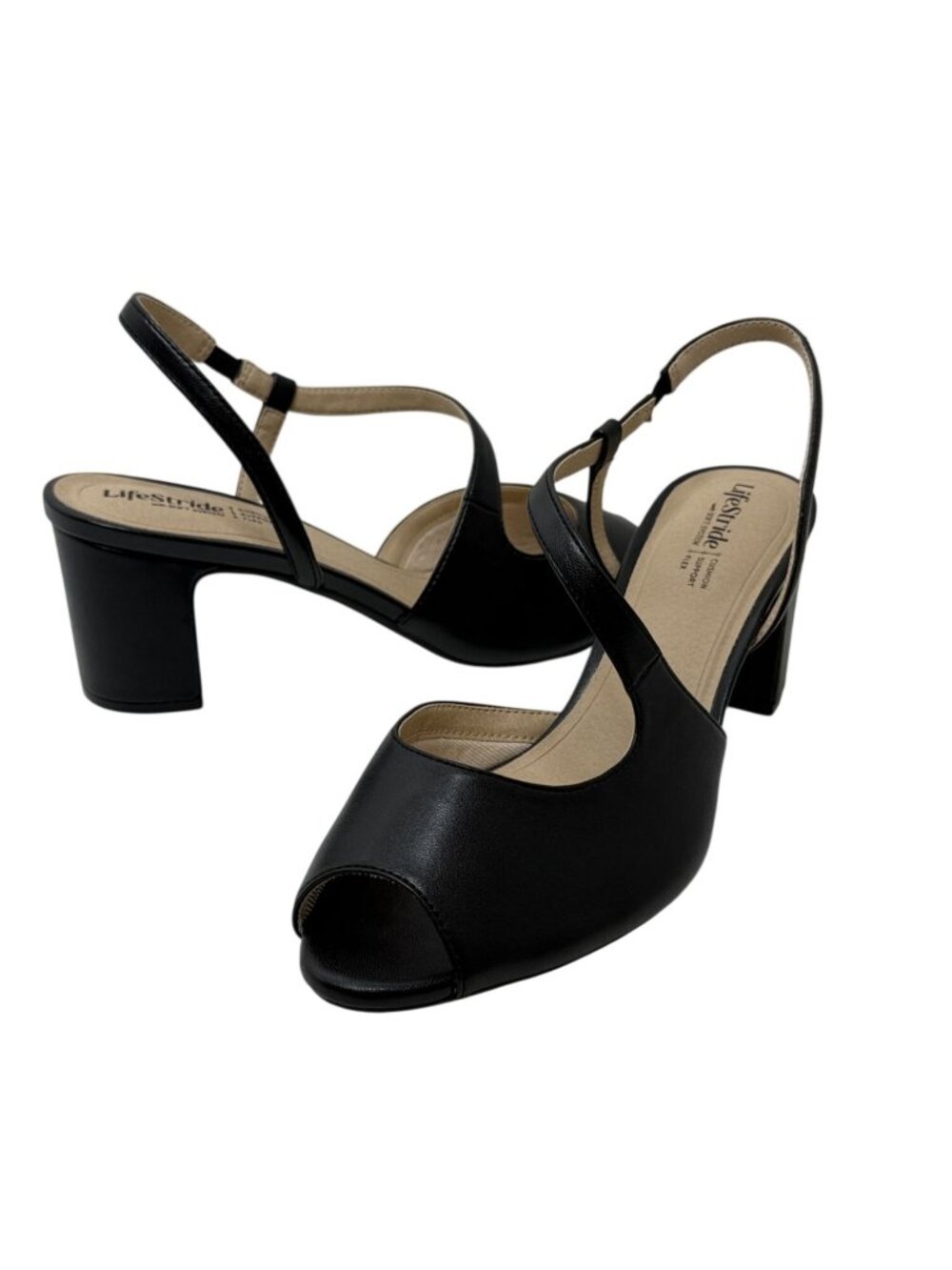 LifeStride Black Peep Toe Slingback Heels Size 10 Comfort Block Heel